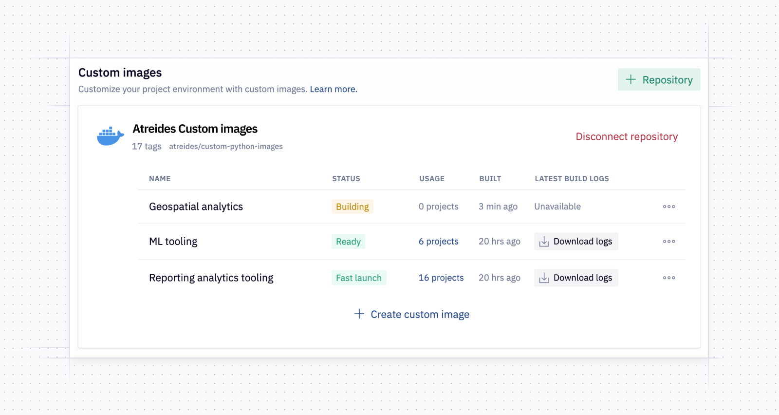 Custom docker image configuration