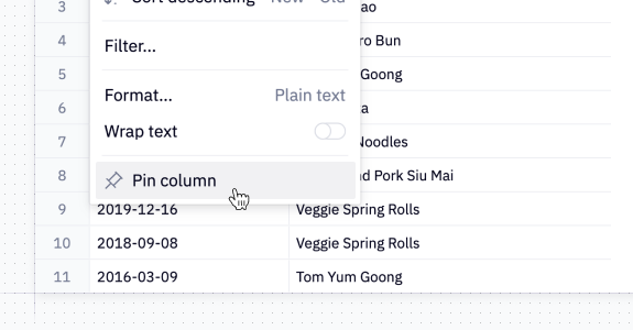 Pinning a column in a table display