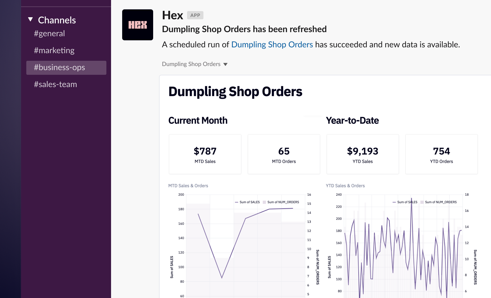 A Hex app scheduled to Slack