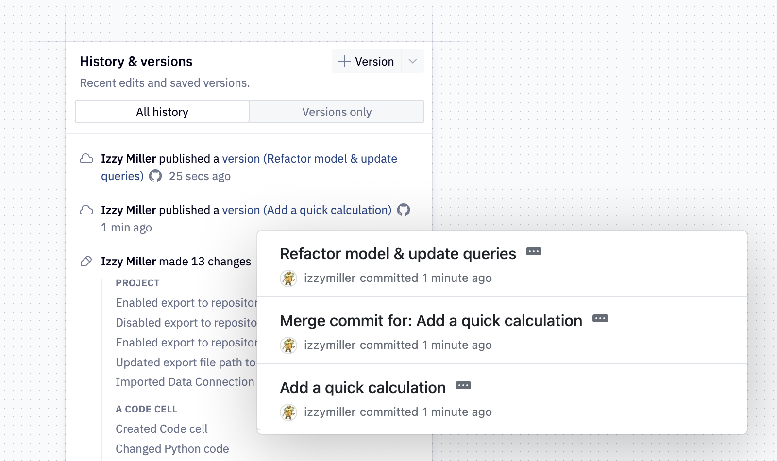 A GitHub commit log synced to the Hex version history