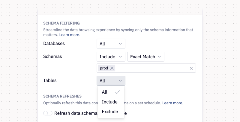 Connection schema filtering