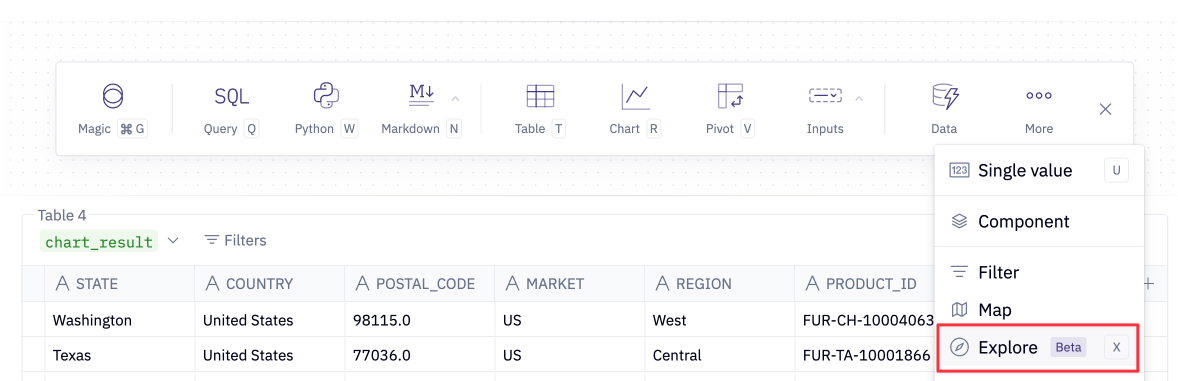 Adding an explore cell from the add cell bar