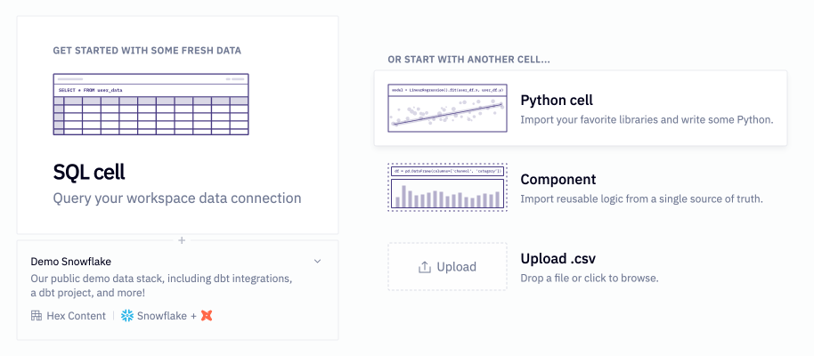 Homepage asking to add a Python, SQL, or Component cell, or upload CSV