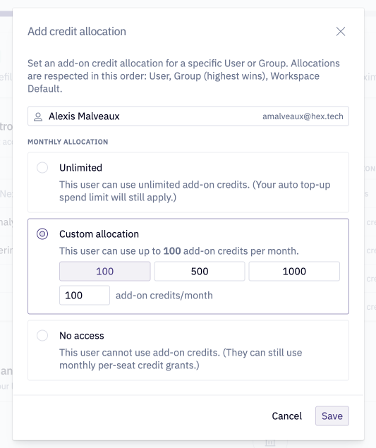 Admins can set allocations at the workspace, group, and user levels