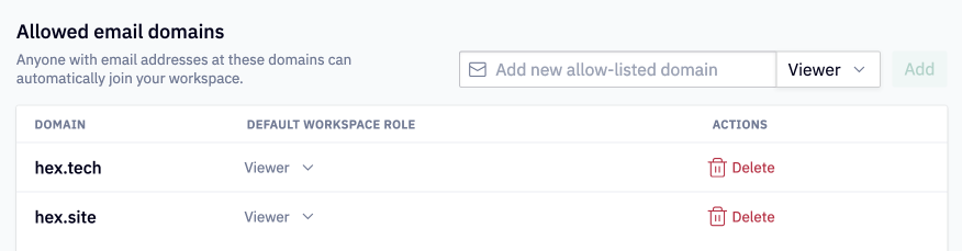 Configure which email domains have automatic access to Hex.