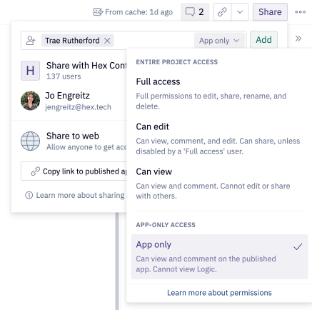 Share dialogue open on a Hex App with a new user being invited with Can View App project permissions