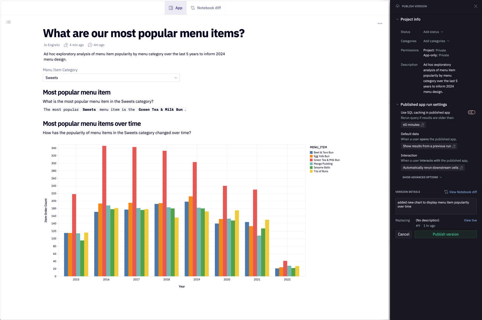 The publish modal for a new version of the published App