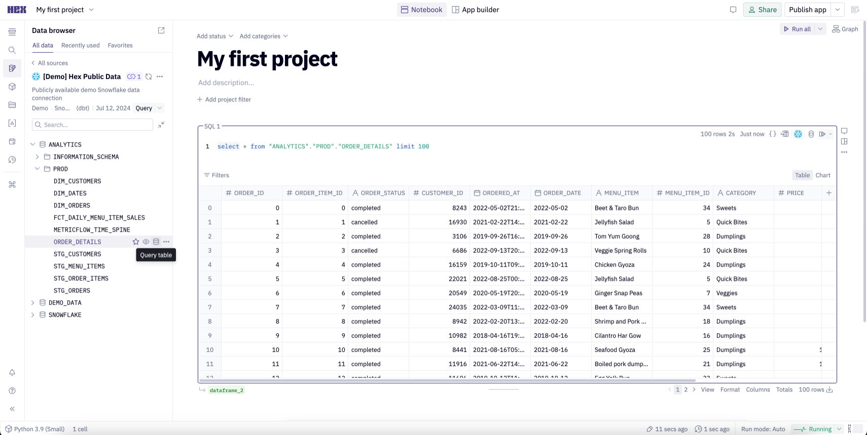 Data sources sidebar in a Hex project showing the schema browser for the Demo Data Connection and option to Query a table