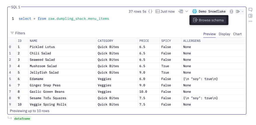 use the browse button in any sql cell to explore that data source in the Data browser