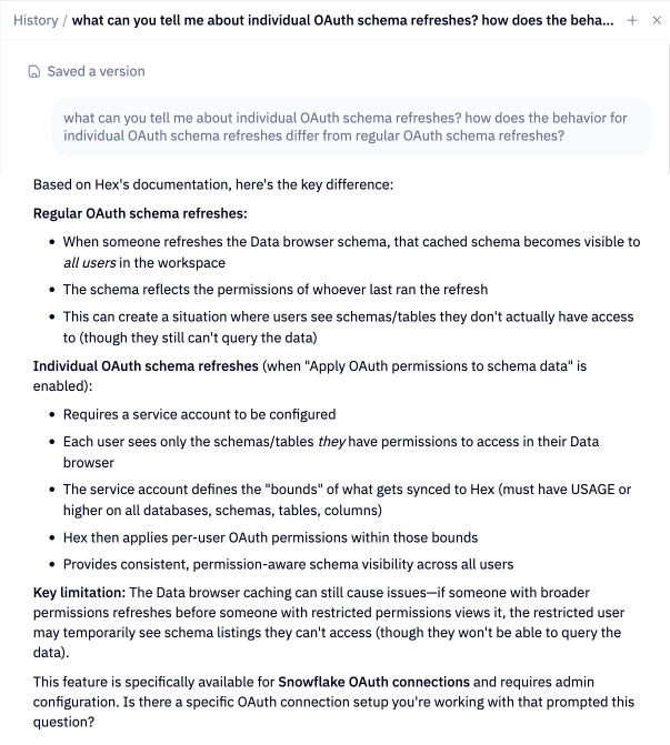 Ask the agent questions about Hex functionality