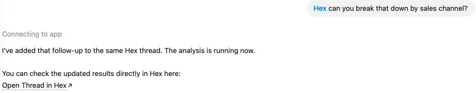 Hex app in ChatGPT can continue a Thread for you directly from chat