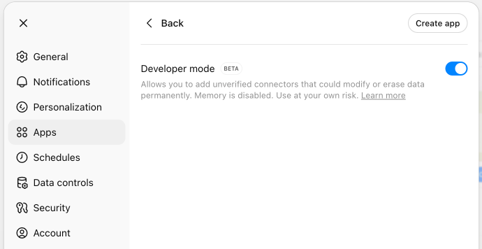Click the create app button in the top right of the apps & connectors section