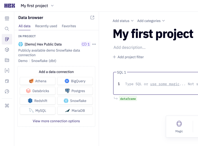 Data browser sidebar in a Hex project showing Demo Snowflake Data Connection and options to connect your own data warehouse 