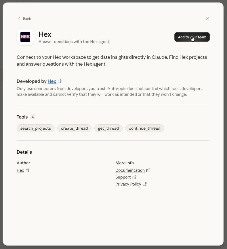 Add the Hex MCP connector to the team in Claude