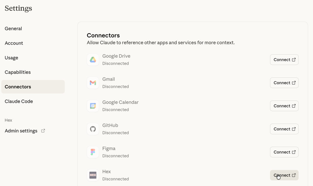 User connects the Hex MCP connector in Claude