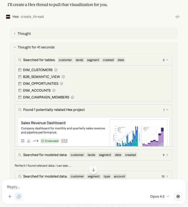 The Hex Connector will display a Threads thinking in real time