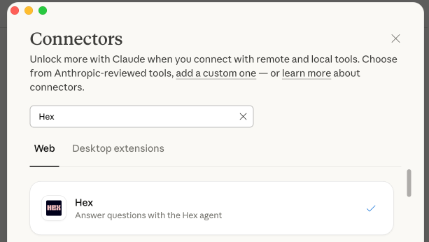 Search for the Hex connector in Claude