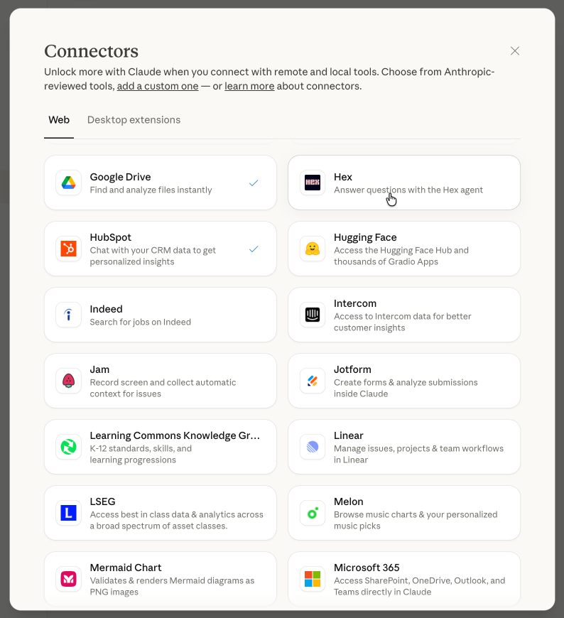 Select the Hex MCP connector in Claude