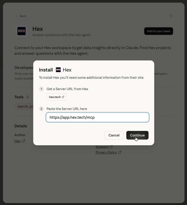 Set the Hex MCP URL in Claude
