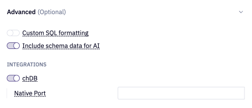 chDB toggle in data connection settings
