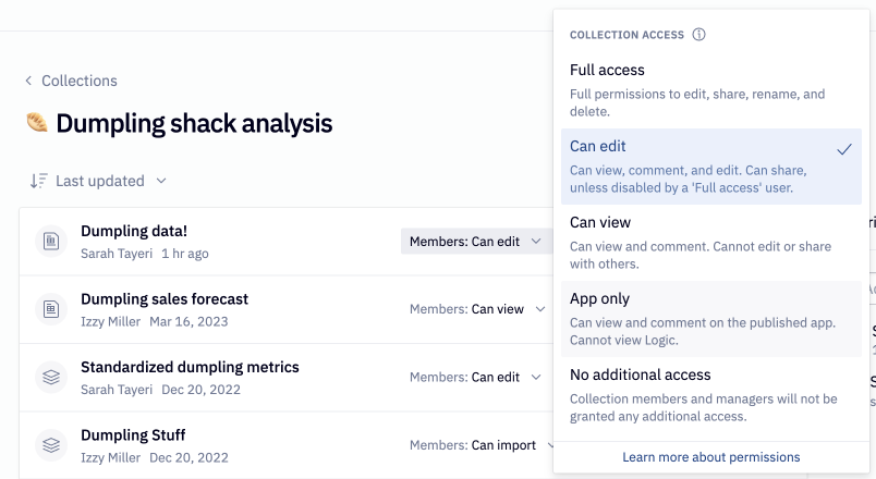 Options for collection permissions