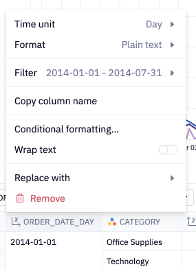 Use the menu to truncate dates, format, filter, and more.