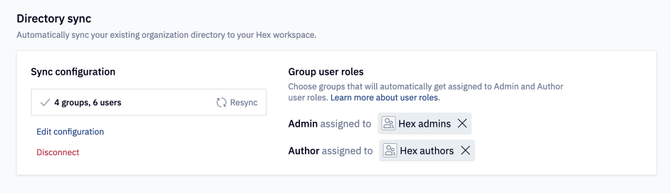 After syncing groups from your directory sync provider they will appear in the Hex Administration panel.