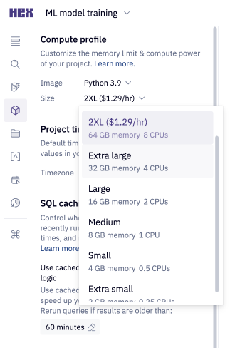 Compute profile size dropdown menu in the Environment sidebar of the Notebook view