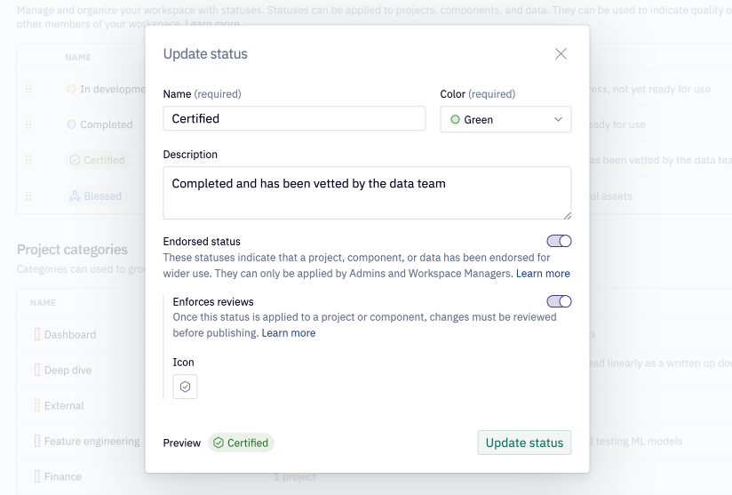 Update statuses and categories above the title of a project.