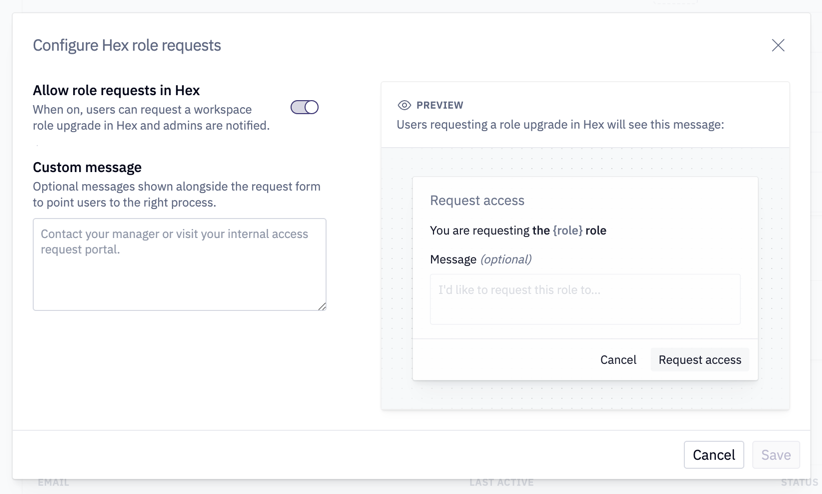 Configure Hex role requests dialog with a custom message field and a request access preview.