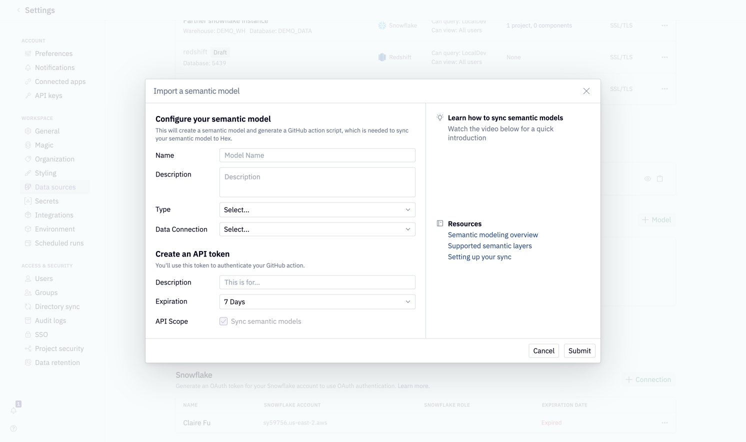 Configure a semantic model in Hex