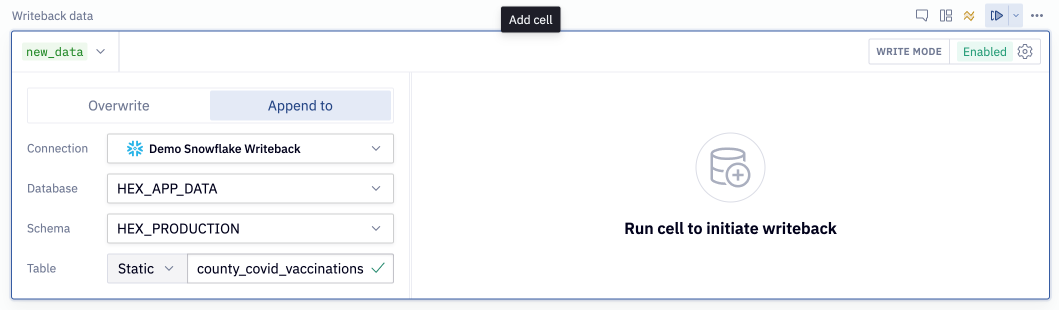 Hex UI showing creation of Writeback cell.