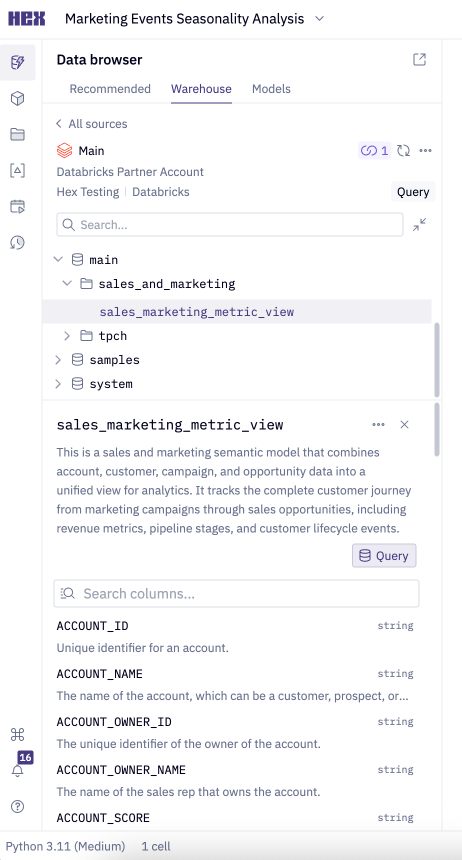 Viewing metric views in the data browser