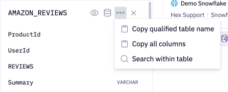 Data browser shortcuts that are available for each table