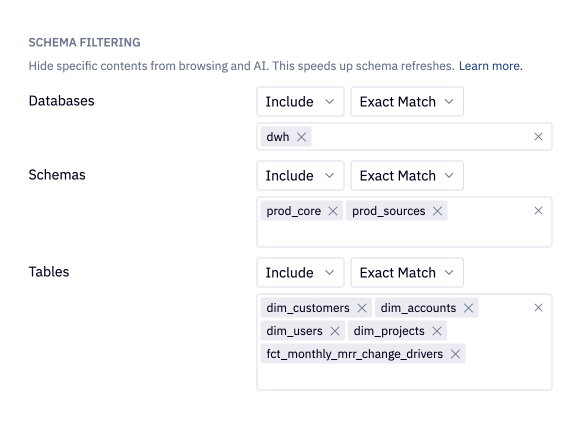 Configure schema refresh schedules and schema filtering in the data connection form