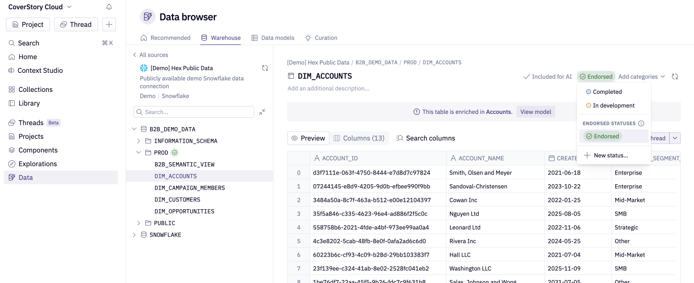 Setting a table's status to Endorsed in the Data browser