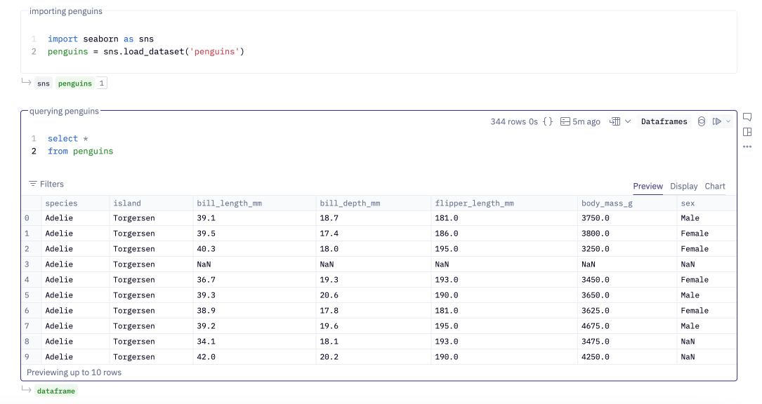 Cell demonstrating dataframe SQL