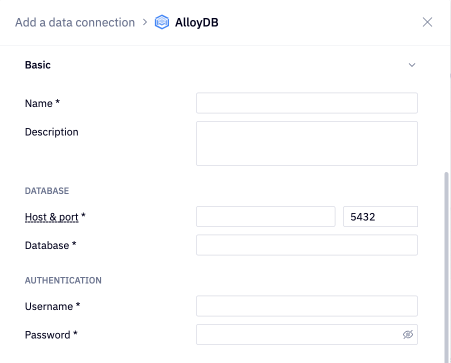 AlloyDB data connection name and description
