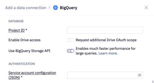 BigQuery data connection database and authentication credentials