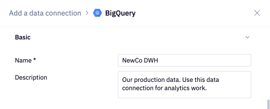 BigQuery data connection name and description