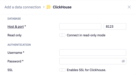 Clickhouse data connection database and authentication credentials