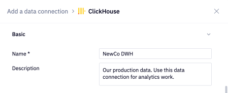 Clickhouse data connection name and description