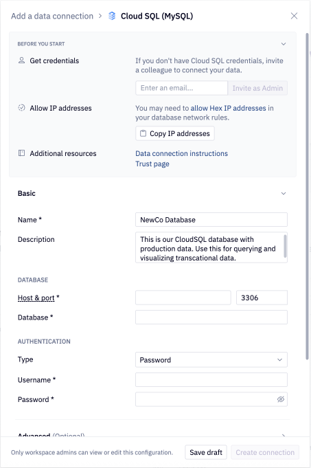CloudSQL data connection form