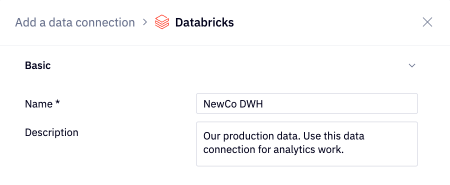 Databricks data connection name and description