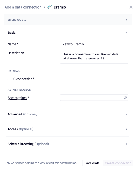 Dremio data connection name and description