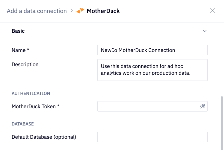 MotherDuck data connection form