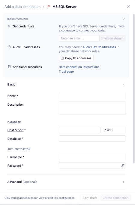 MS SQL Server data connection form