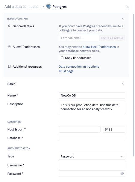 Postgres data connection form