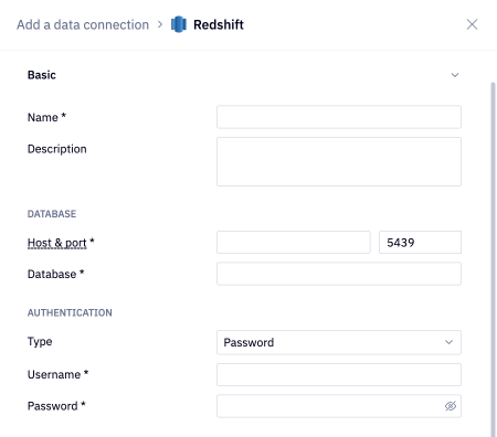 Redshift data connection form