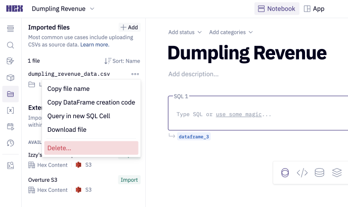 deleting a file from a project in the Files sidebar